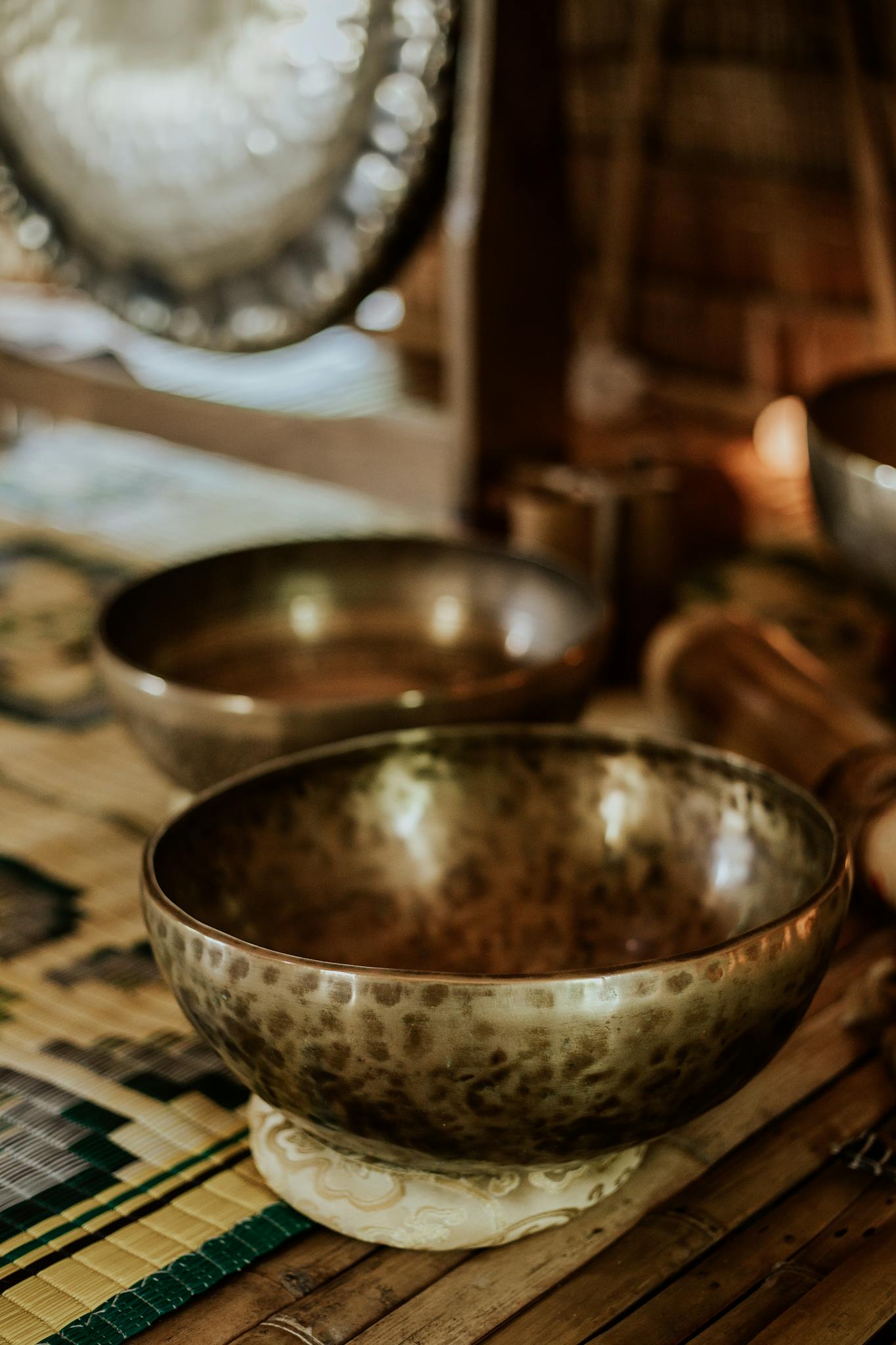 Tibetan Singing Bowls in Close Up Photography